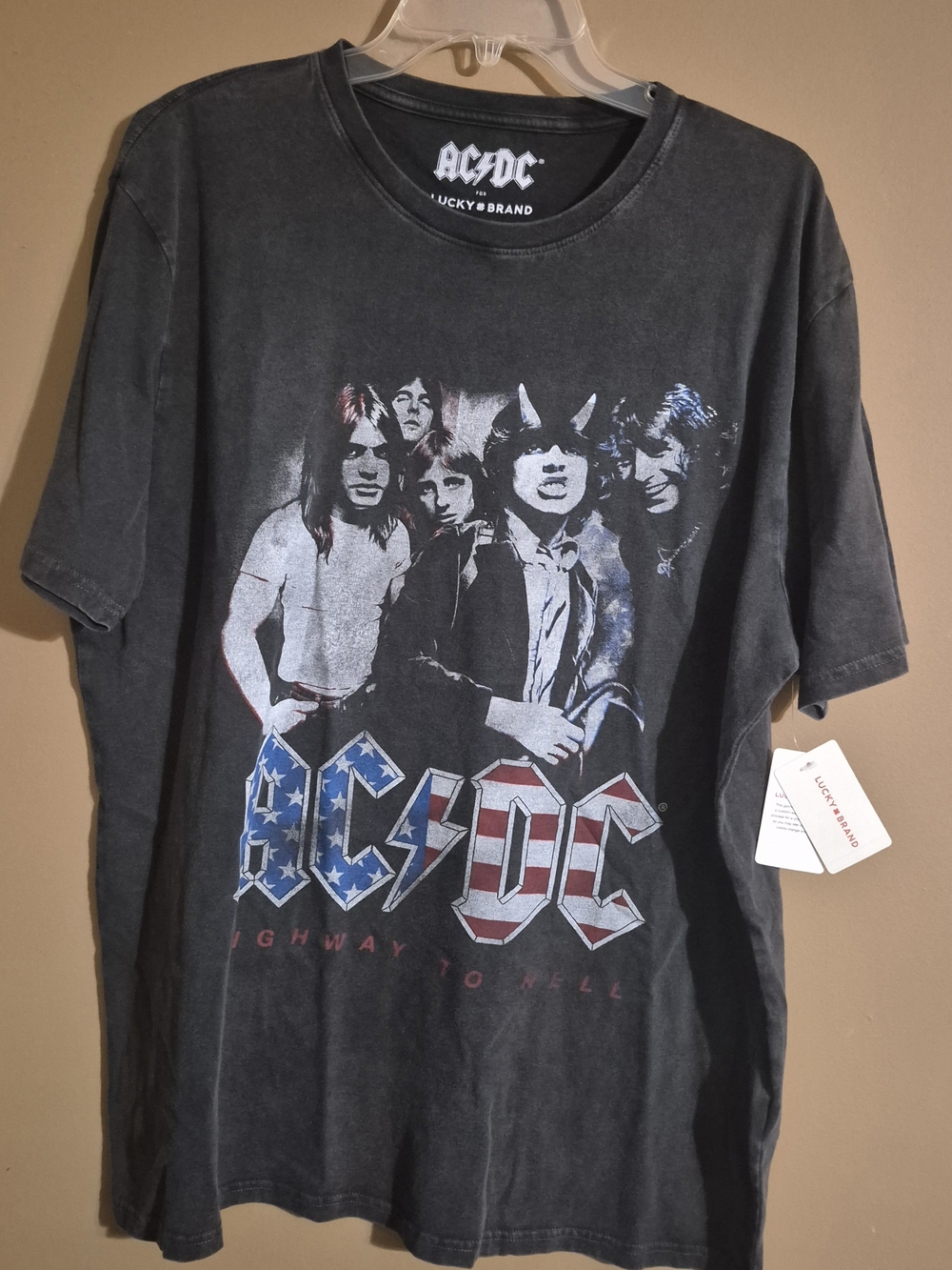 Lucky Brand Black AC/DC Highway to Hell Graphic Tee with Red, White & Blue Logo